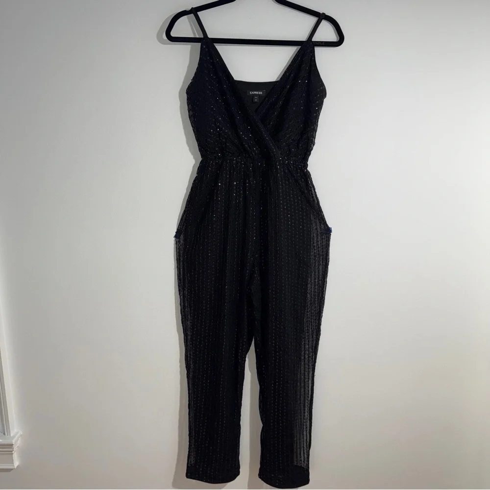 Express Black Sequin Surplice V-Neck Adjustable Strap Jumpsuit Size Small‎